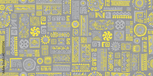 Ethnic handmade ornament  seamless pattern. Trend Pantone color 2021 - yellow and grey