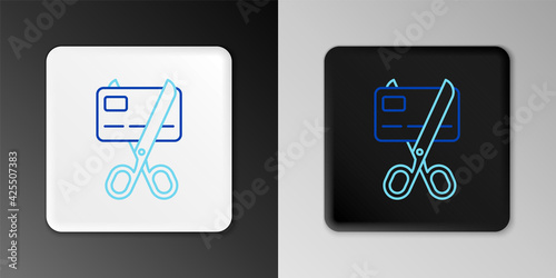 Line Scissors cutting a credit card icon isolated on grey background. Online payment. Cash withdrawal. Financial operations. Shopping sign. Colorful outline concept. Vector