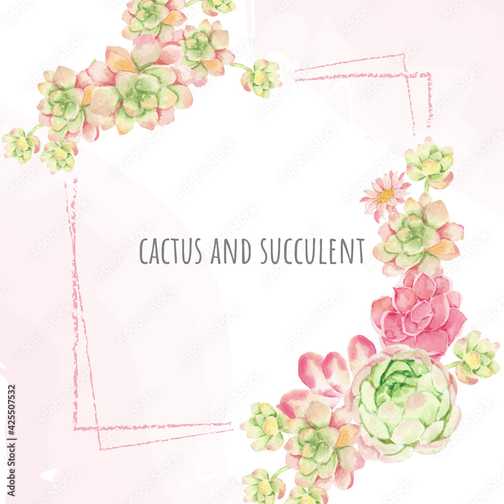 watercolor cactus and succulent square banner or invitation card background