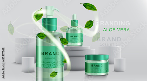 Cosmetics or skincare product. Bottle mockup and Aloe vera with geometric background. vector illustration.