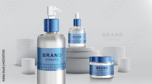 Cosmetic tube and realistic bottle at stage pedestal. Branding and packaging design template. vector illustration