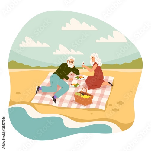 Old people romantic picnic. Elderly man and woman having meal on sea side, couple on beach and drinking wine, characters leisure time, pensioner relationships vector cartoon concept