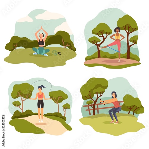 Outdoor sports. Athletic slim female character in sport uniform doing exercises  yoga and pilates in nature  young woman fitness and gymnastics in summer park landscape vector cartoon set