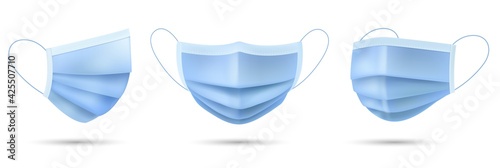 Surgical face mask. Realistic disposable medical antiviral protection, multiple camera angles, 3d surgical respirator blue color. Covid and flu viruses barrier vector isolated set