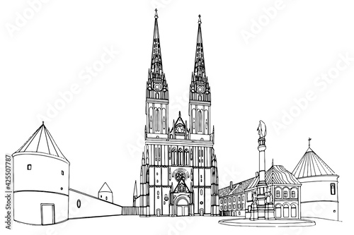 Vector sketch of Cathedral in Zagreb, Croatia