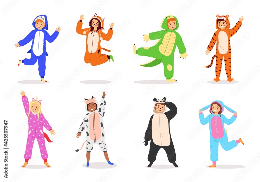 Kids animal dress. Cartoon children wear costumes. Funny carnival clothes  with animalistic prints or sleepwear for pajama party. Smiling boys and  girls greeting waving hands, vector set Stock Vector | Adobe Stock
