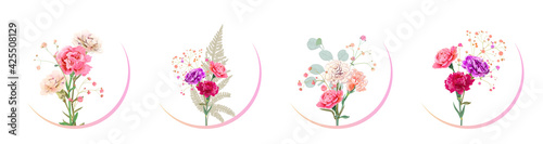 Round Mother's Day, Victory Day card with carnation: red, pink, flowers, twigs gypsophile, white background. Templates for design, vintage botanical illustration in watercolor style, vector