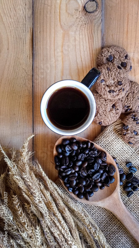 Coffee mugs on wooden floor, top view. Coffee style illustration.