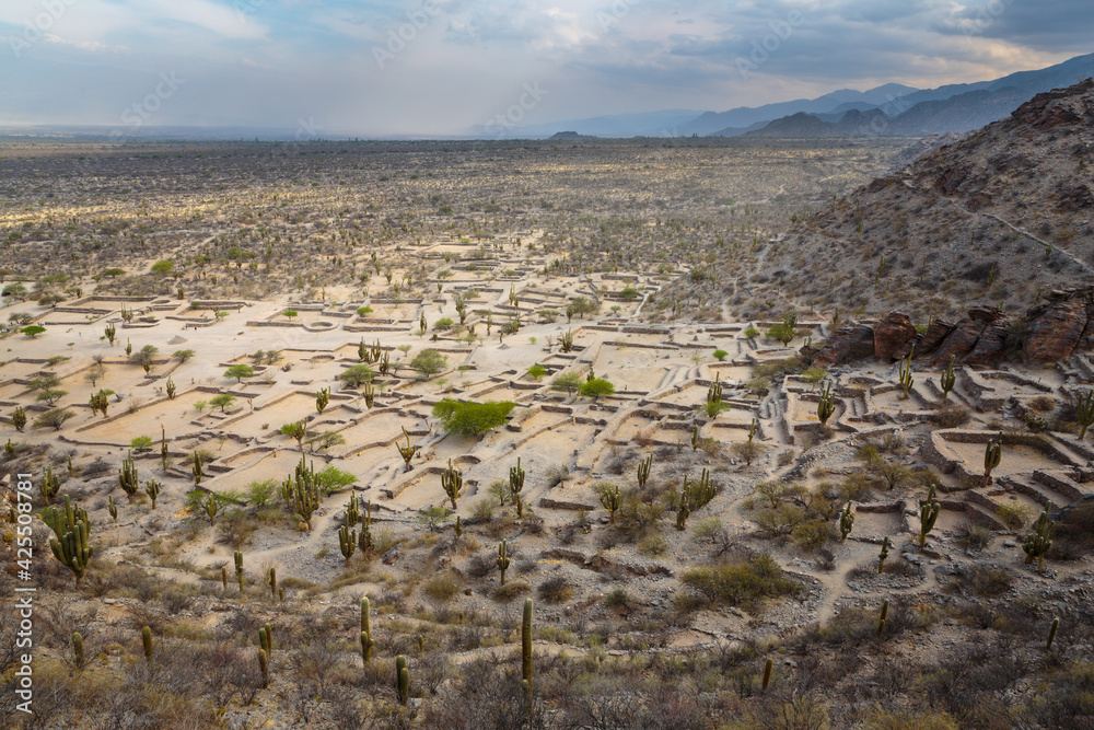Landscape in northwest Argentina with the ruins of the ancient pre Inca settlement of Quilmes