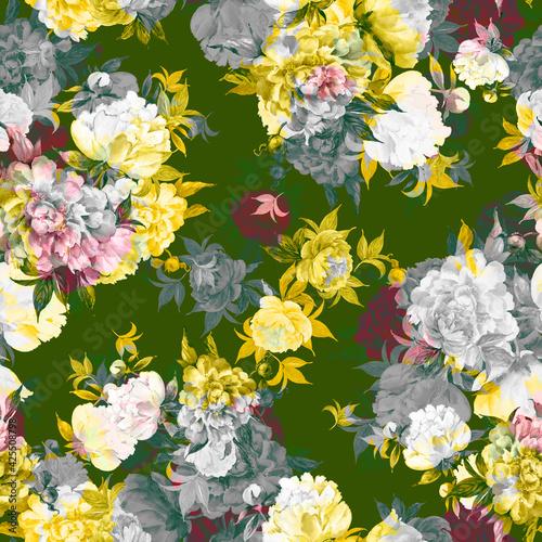  Abstract floral seamless pattern painted with paints lovely peonies with foliage