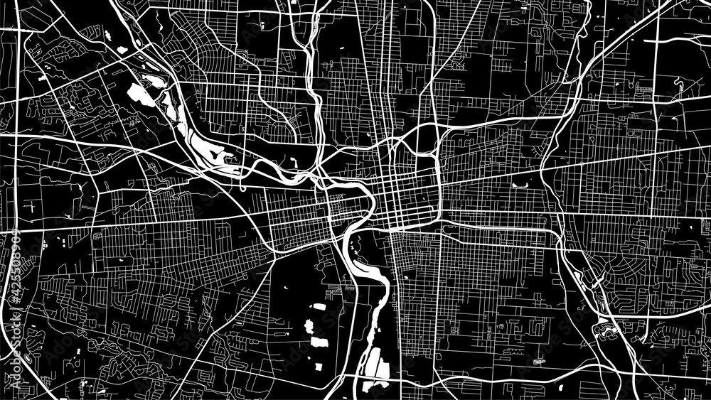 Black and white vector background map, Columbus city area streets and water cartography illustration.
