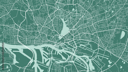 Green vector background map, Hamburg city area streets and water cartography illustration.