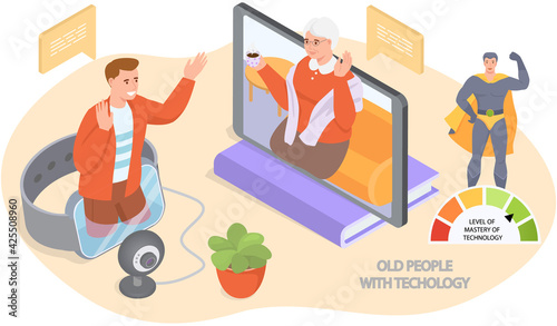 Old people play video game. Senior people with different gadgets. Oldster education on computer