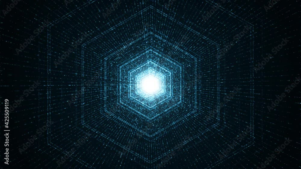 Motion graphic of Blue hexagon shape and light beam with digital line technology abstract background concept seamlesss loop video