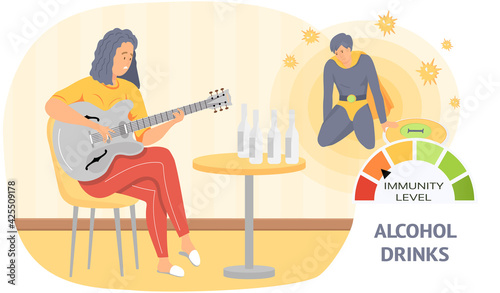 Dependent girl drinks alcohol alone playing guitar. Immunity level decreases due to drinking