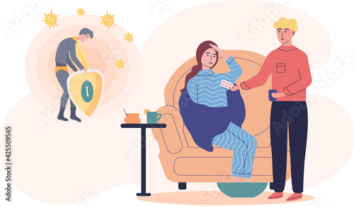 Man takes care of sick girlfriend. Couple on self-isolation. Immunity level decrease during illness