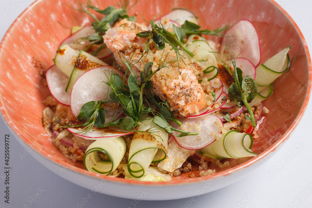 Fresh salad with vegetables and meat. Seafood and greens. Restaurant menu Fresh salad with vegetables and meat. Seafood and greens. Restaurant menu