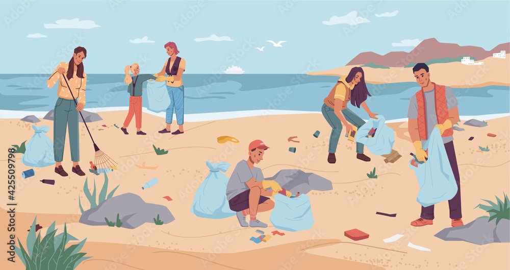 Volunteers cleaning beach, pickup garbage on river or lake shore. Vector group man woman collecting garbage together use rake. Team of active citizens pickup rubbish into bags. Environment protection
