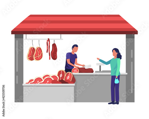 Butcher man at store. Women shop at local markets, butchers cut meat for buyers, Meat market worker. Fresh meat and meat products with ham, beef and sausages. Vector illustration in a flat style