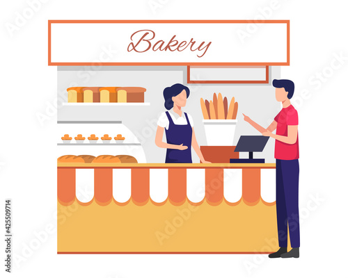 Cake and bakery shop. Small business and self-employment concept with female shopkeeper serve customer. Female cashier with buyer, Different bread, Cakes in the window. Vector illustration flat style