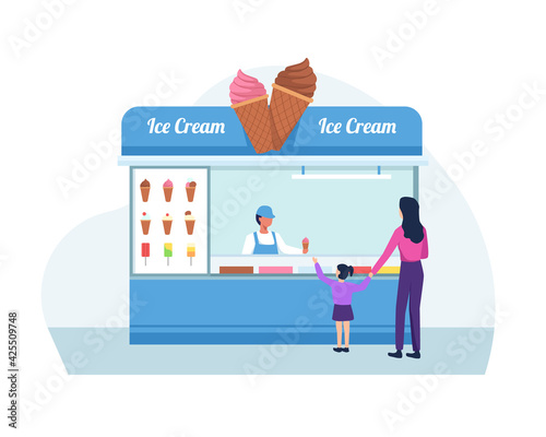 Ice cream shop concept. Ice cream seller, Mother and daughter buy ice cream. Shop owner holding the ice cream. Vector in a flat style