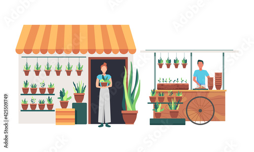 Flower and plant shop. Flowers and plants florist shop interior. Floral shop and plants store for home garden green decoration. Man and Woman gardener and shop owner with plants. Vector in flat style