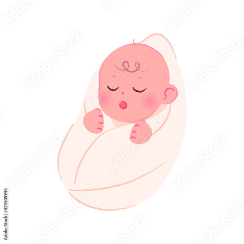 The newborn baby wrapped in a blanket is taking a peaceful nap. Baby vector illustration isolated on white background.