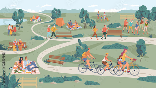 People in park leisure outdoor activity, family picnic and summer rest. Vector people sitting on bench, playing on lawn and riding bicycle, physical sport activities, elderly couple, parents with pram