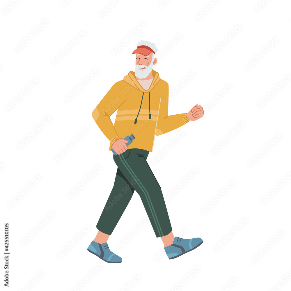 Elderly man running jogging side view isolated flat cartoon portrait. Vector middle age bearded male, pensioner sportive jogger run workout, movement motion, sport training cross of mature person
