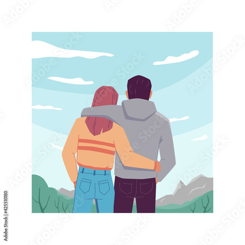 Back view of hugging couple on sky landscape background, travel people looking at clouds. Vector man and woman in love on nature, dreaming and resting together. Tourists adventure, inspiration