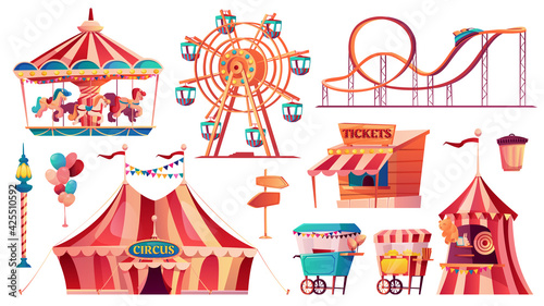 Fototapeta Naklejka Na Ścianę i Meble -  Set of amusement park icons. Vector carnival circus tent, ferris wheel, rollercoaster, carousel and candy cotton booth, food carts, shooting gallery, arrows pointers, ticketsbox. Balloons and flags