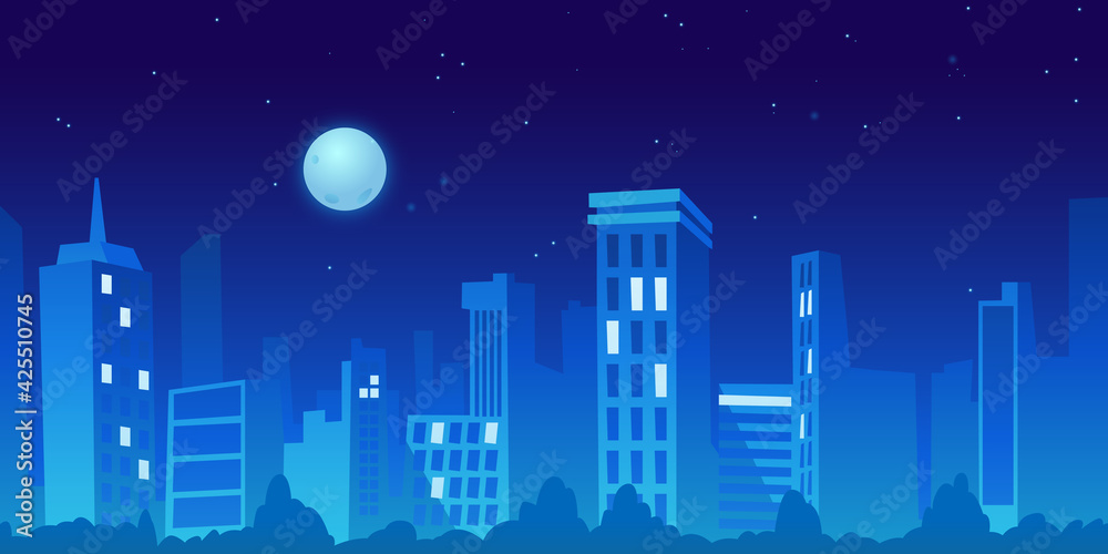 Panorama city in distance at night. Vector cityscape with skyscrapers and family houses, skyline illuminated downtown architecture. Urban town metropolis, towers, business offices, evening background