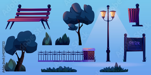 Outdoor elements for park construction isolated icons set. Vector illuminated lamp post at night, trees, grass and bushes, street objects and wooden bench, forged fence, street waste litter bin
