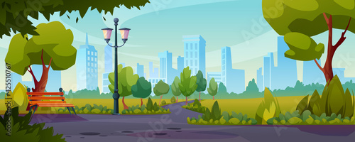 Summer or spring park sidewalks flat color illustration. Vector road near lawn with green grass, trees and bushes. Bench and street lamp, landscape with skyline cityscape house buildings on background