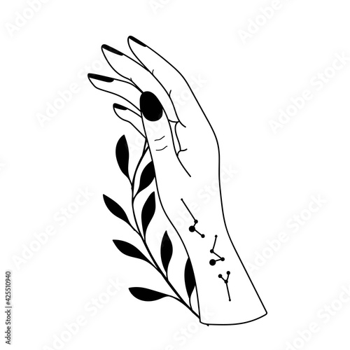 Hand drawn hand with Magic Symbols, Magic astrological symbols vector illustrations. Can use Tattoo design, mystic esoteric symbol