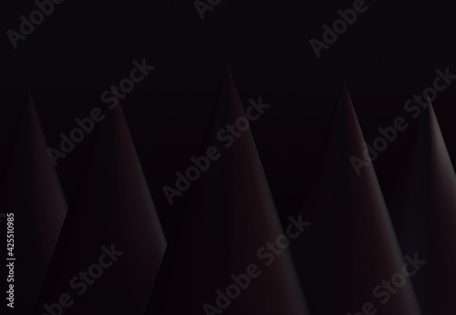 Dark cones isolated on black background  abstract geometric primitives  dark triangular pattern  modern minimal template concept  3d rendering  illustration