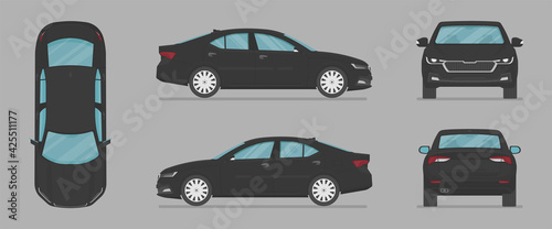 Vector sedan auto. Car from different sides. Side view, front view, back view, top view. Cartoon car in flat style.