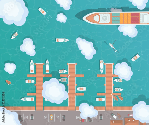 Illustration of a pier in flat style. Top view of the harbor. Wooden piers with boats. Container ship, yachts, boats, sea transport in the port. The helicopter flies over the ocean. 