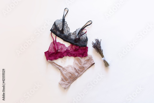 Fashion trendy lace lingerie. Different bra with dried lavender bundle on  white background. Beautiful clothing collage to choose from. Colorful  women's underwear. Female wardrobe, shopping concept Photos | Adobe Stock