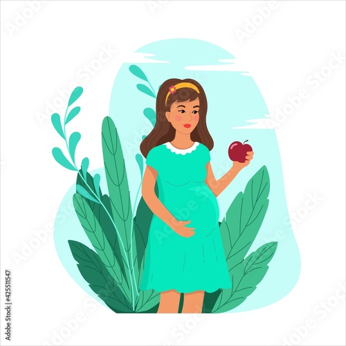 Healthy lifestyle of pregnant woman concept,happy pregnant woman holding an apple in her hand, expectant mother preparing for the birth of a child, vector flat style.