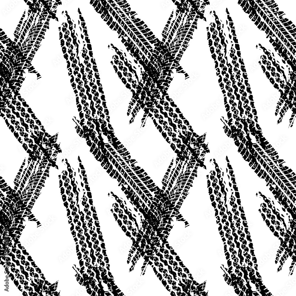 Tire tracks seamless background or pattern. Wheels print with grunge texture. Vector illustration. Tire tracks seamless background or pattern. Wheels print with grunge texture. Vector illustration.