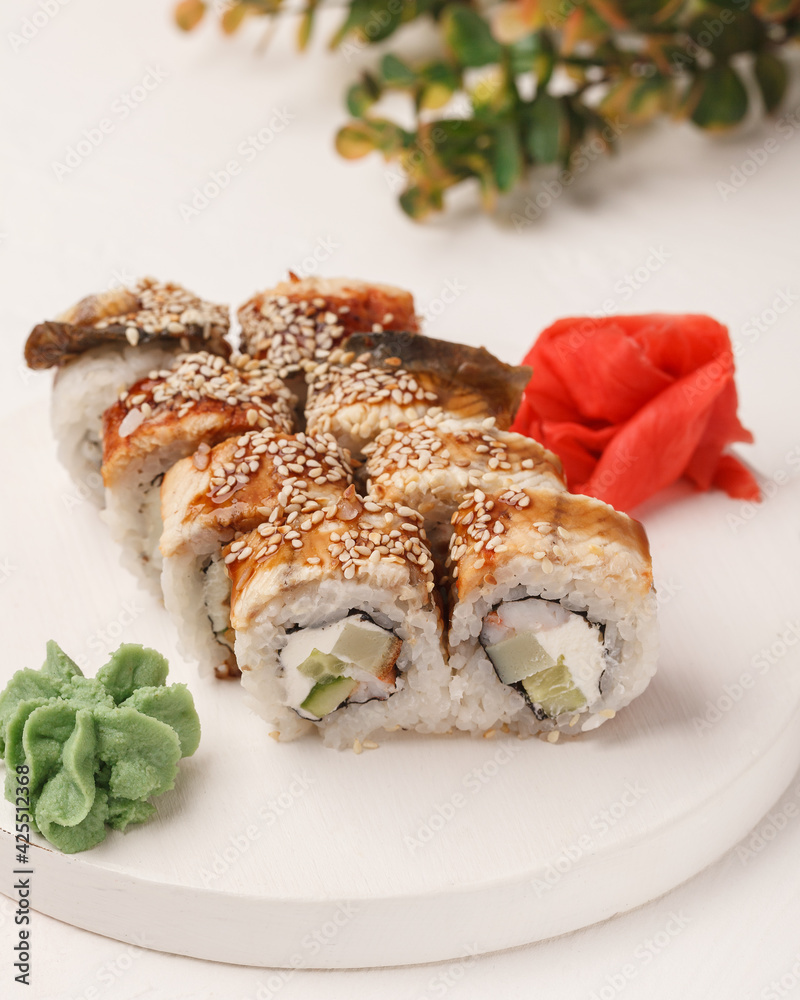 Different rolls and sushi. Asian cuisine.