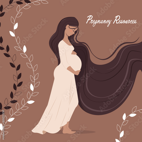 Happy pregnant woman holding her belly, Cartoon healthy mother with long hair holds her hands on her stomach with baby,Young woman expecting a baby, Flat cartoon vector illustration