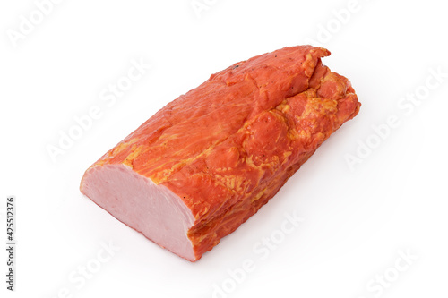 Boiled-smoked pork loin on a white background