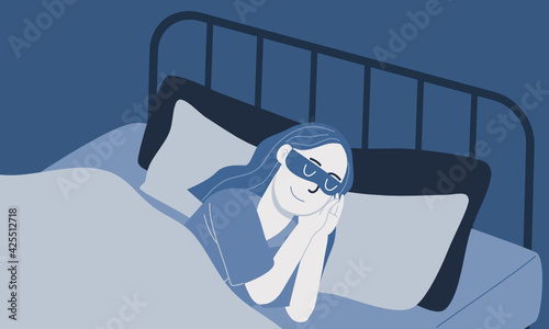 Blue monochrome flat style vector illustration of cartoon young woman character in yellow pajamas waring eye patch and sleeping on comfy bed in bedroom at night. Daily life night routine. 