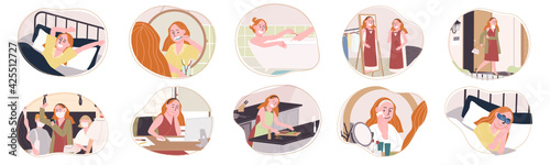 Flat style vector illustration set of cartoon young woman character in her daily life routine. Wake up, Brush teeth, Take Bath, Get dressed, Work, Travel, Cooking, Remove make up, Sleep scene.
