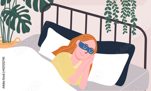 Flat style vector illustration of cartoon young woman character in yellow pajamas waring eye patch and sleeping on comfy bed in bedroom at night. Daily life night routine. 