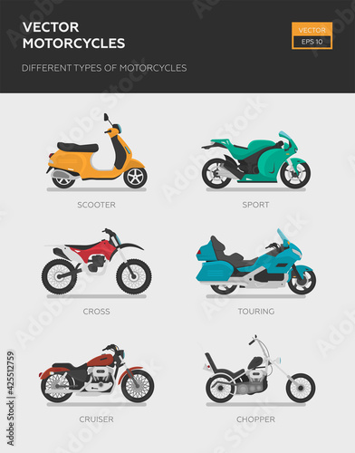 Motorcycle Icon Vector Logo Template. Side view, profile. Types of motorcycles