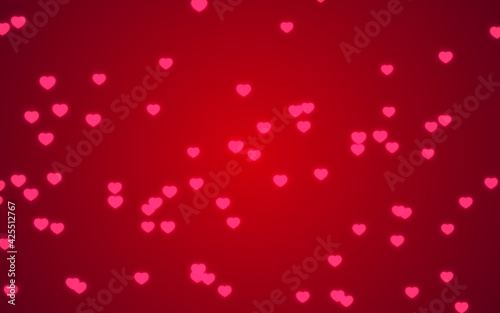 Valentine day pink hearts light on red background.