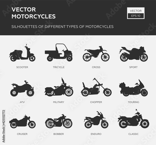 Motorcycle Icon Vector Logo Template. Side view, profile. Types of motorcycles